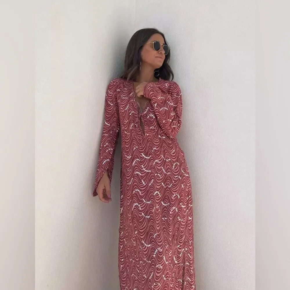 ZARA NWT WOMAN BEADED MIDI DRESS PINK - Picture 10 of 11